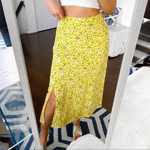 [LOFT] Yellow Floral Print Linen Blend High Waist Side Slit Midi Skirt Size 14 - Picture 12 of 12